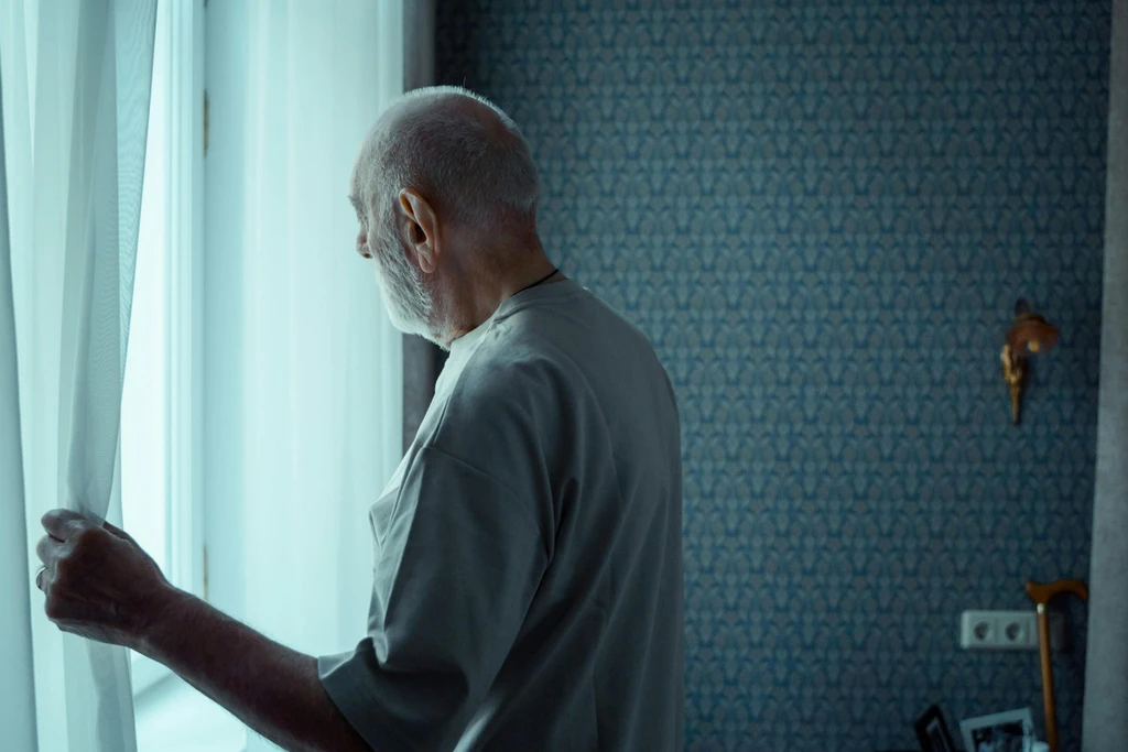 Man looks out of window