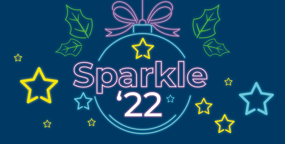 Sparkle 22 as a title, on top of a Christmas bauble surrounded by stars and holly.