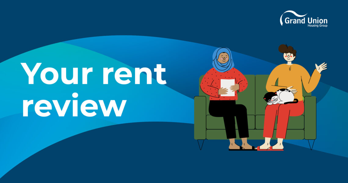 Animated image of customers sitting on a sofa with the heading "your rent review"